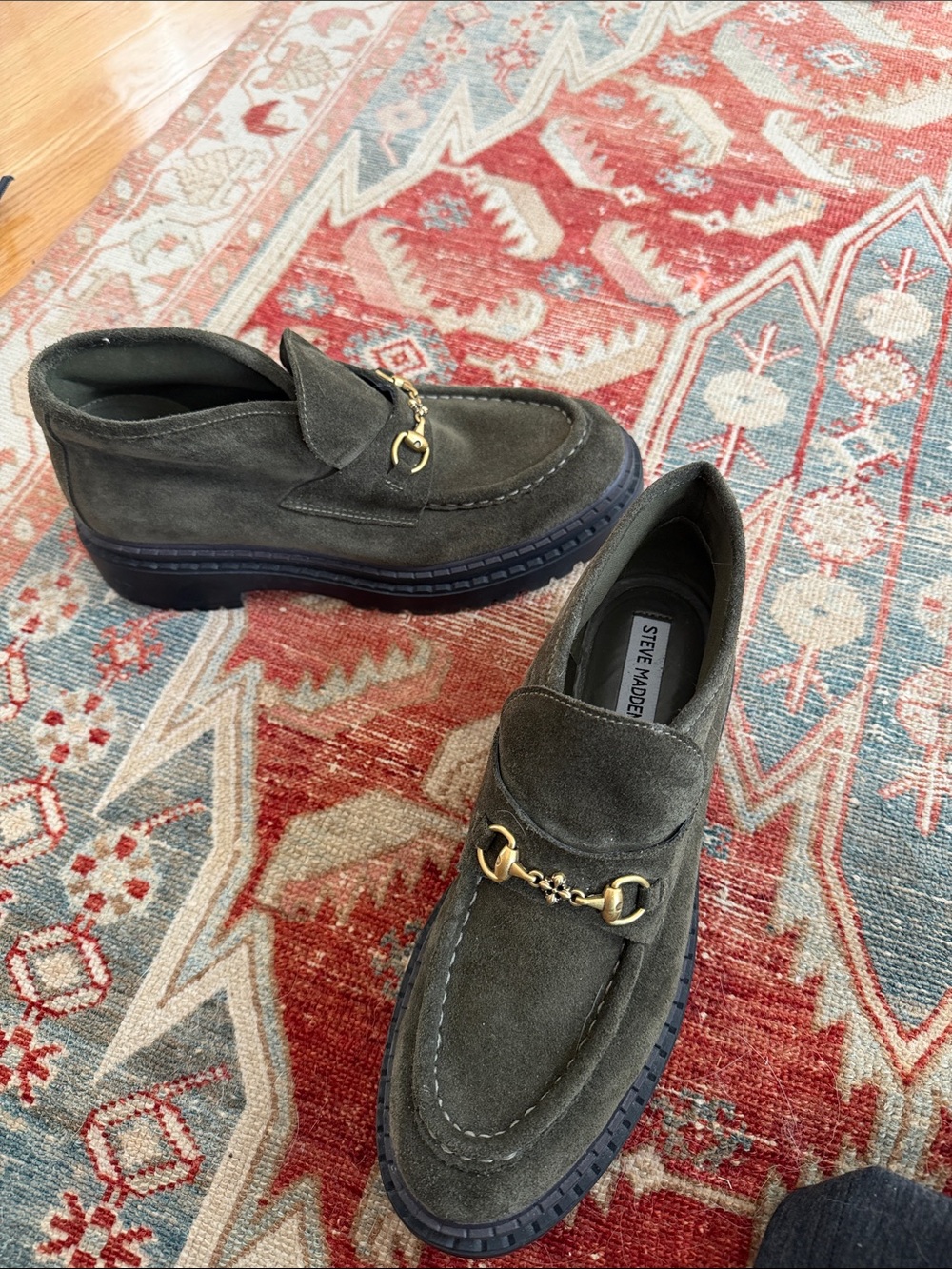 Steve Madden Olive Suede Loafers with Gold Horsebit